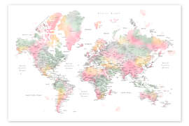 Poster Pastel Watercolor World Map With Cities - Rosana Laiz Blursbyai